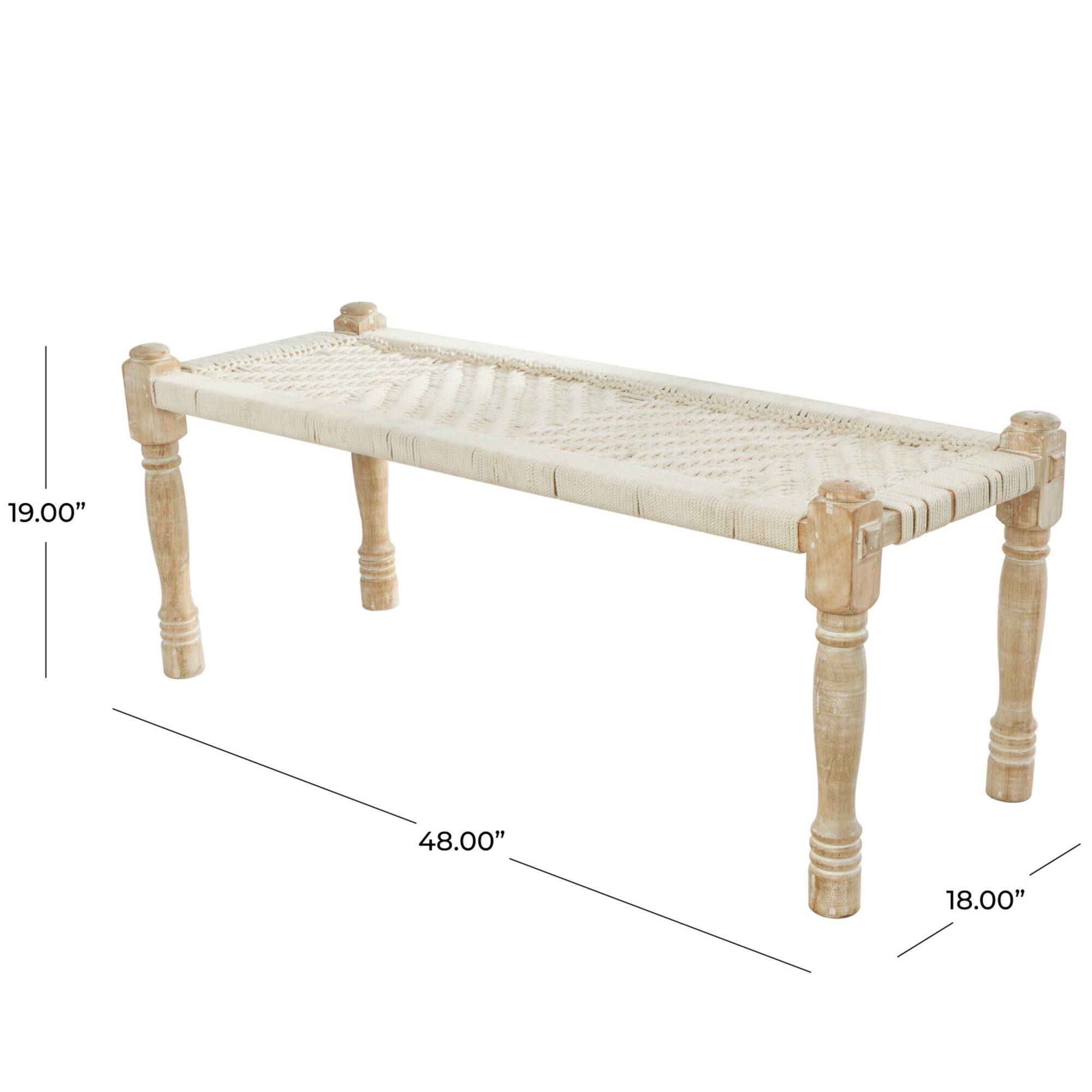 Beige Cotton Handmade Woven Chevron Bench with Mango Wood Legs